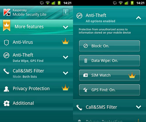 Phần mềm tìm điện thoại Android Kaspersky Mobile Security
