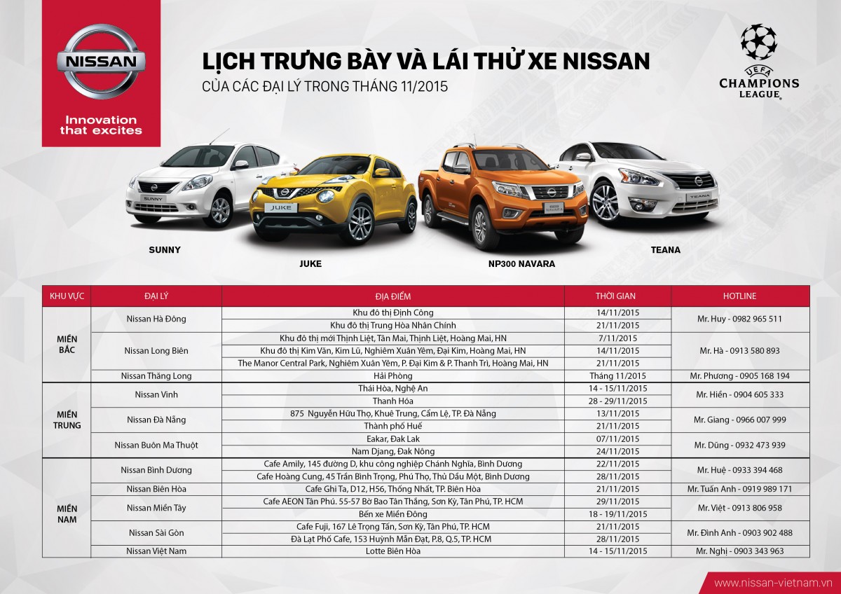 Lịch trưng bày và lái thử xe Nissan của các đại lý trong Tháng 11/2015