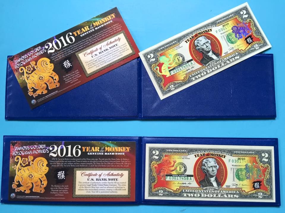 Hình ảnh tờ tiền 2 usd in hình Khỉ phiên bản 2016