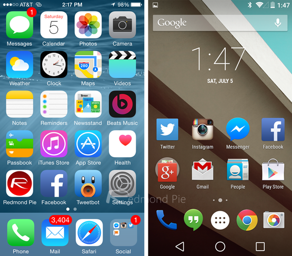 Sự khác nhau giữa màn hình chính iOS và Android