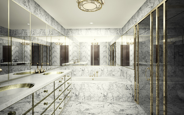 Phối cảnh thiết bị nhà tắm mạ vàng, ốp đá marble