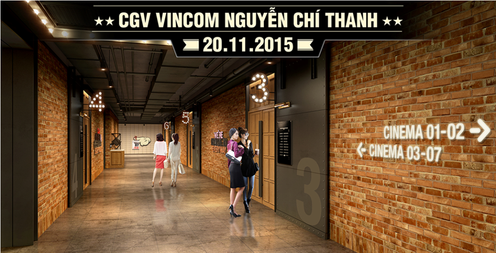CGV Vincom Nguyễn Chí Thanh cũng được trang bị công nghệ chiếu phim hiện đại và nhiều dịch vụ tiện ích. (ảnh Demo khu vực hành lang trong rạp).