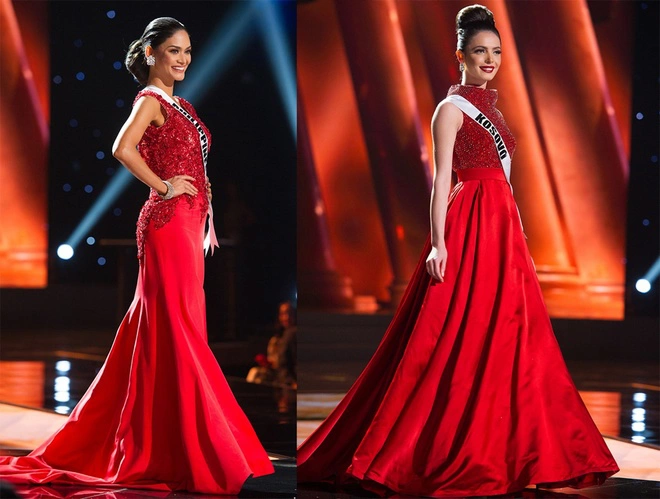 Hoa hậu Philippines và Kosovo chọn sắc đỏ cho đêm bán kết.