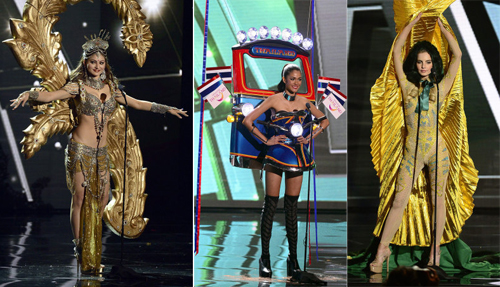Hoa hậu Ấn Độ (từ trái sang), Thái Lan và Ireland giới thiệu trang phục dân tộc