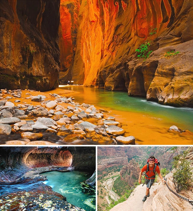 Công viên quốc gia Zion đặc trưng bởi những núi đá chồng chất, cao nguyên đá, hẻm núi sâu và những đường hầm gồ ghề kì lạ