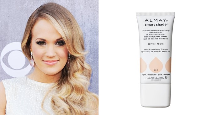 Carrie Underwood rất thích sử dụng loại kem nền Almay Smart Shade Skintone Matching Makeup vì ngoài tác dụng che phủ khuyết điểm, nó còn giúp bảo vệ da khỏi ánh nắng mặt trời với SPF 15. Sản phẩm có giá 10 USD (210.000 VNĐ).