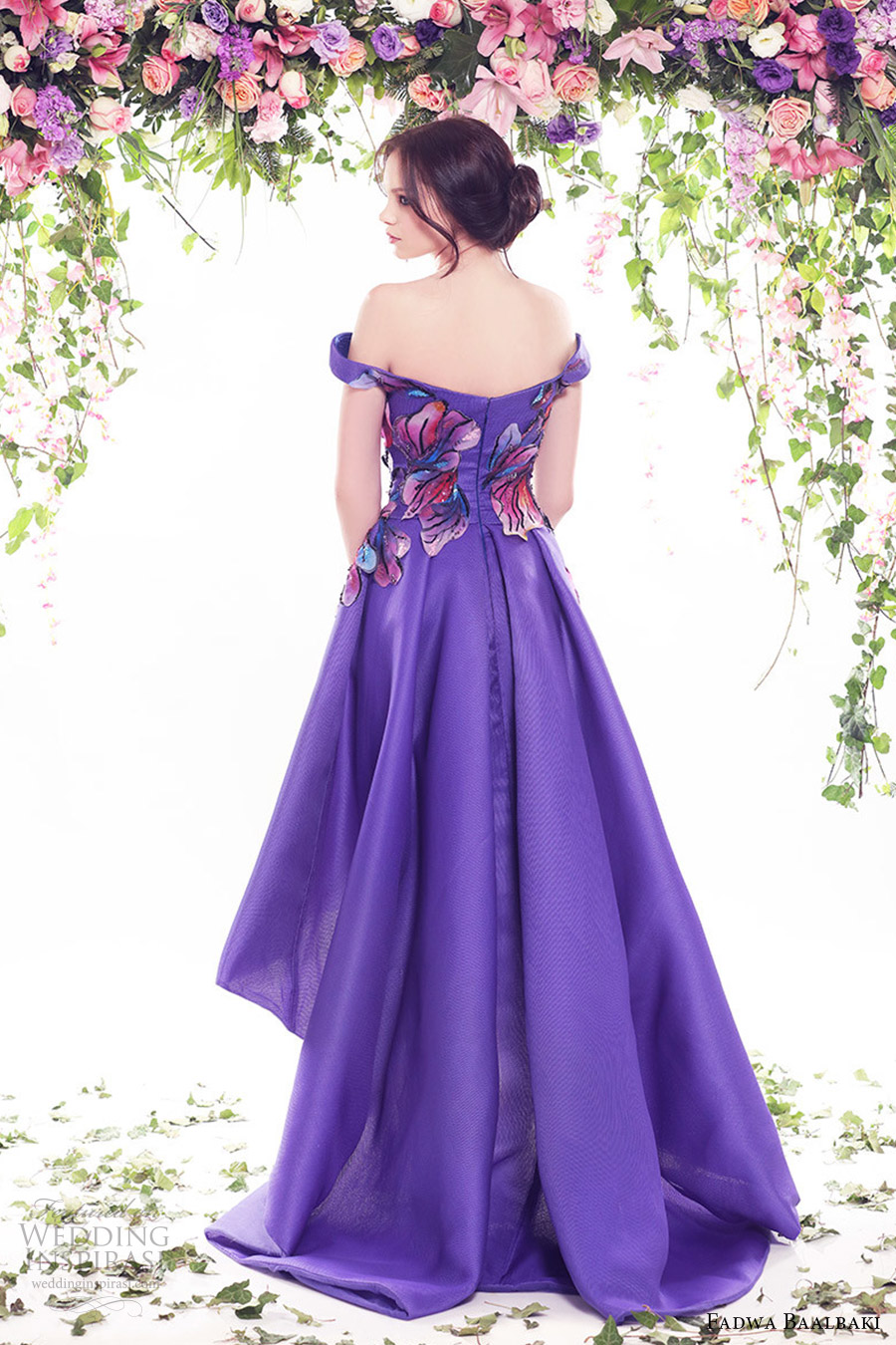 fadwa baalbaki spring 2016 couture off shoulder high low purple color floral evening cocktail dress bv