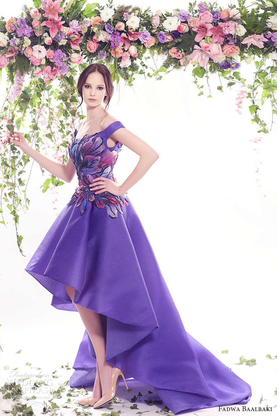 fadwa baalbaki spring 2016 couture off shoulder high low purple color floral evening cocktail dress mv