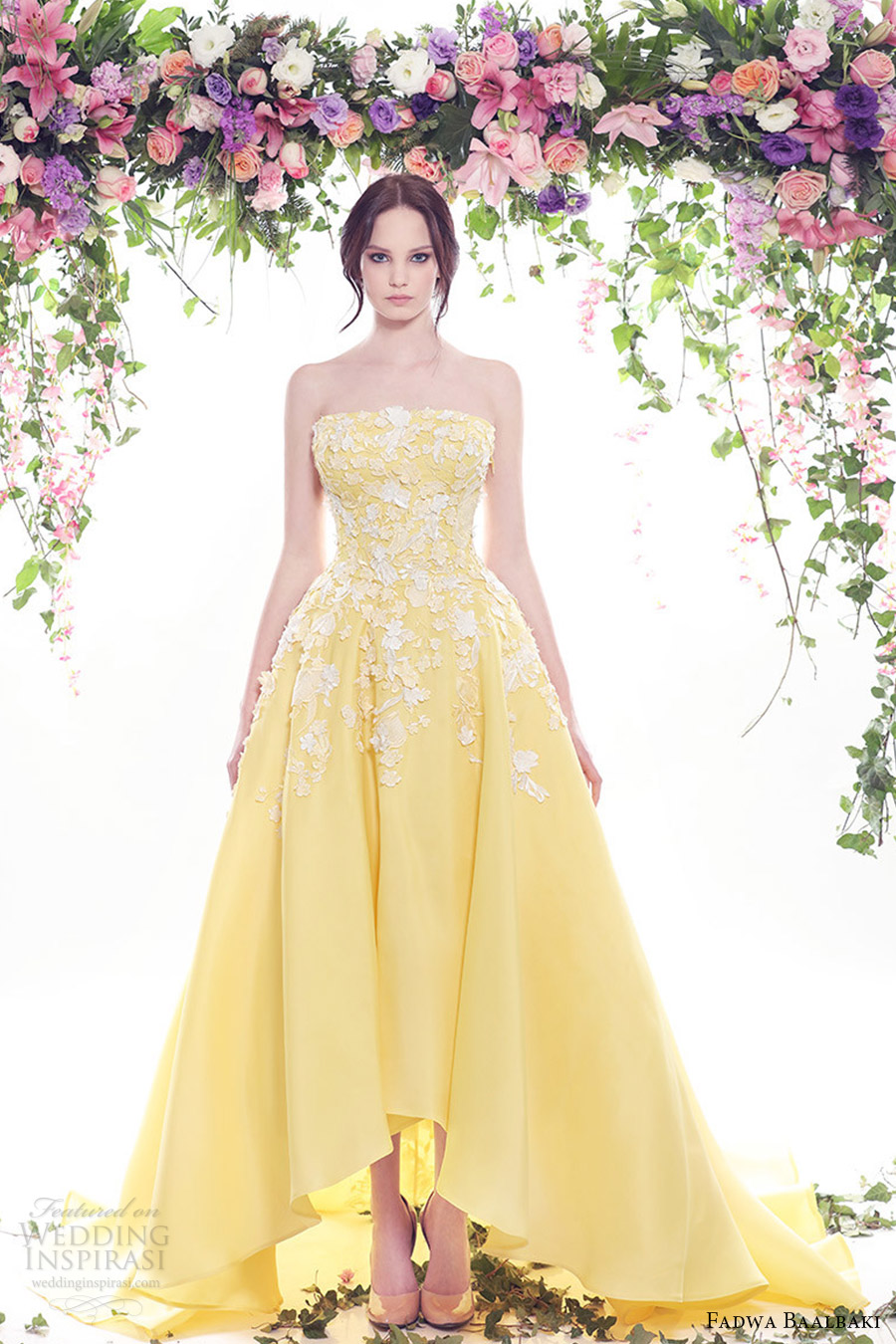 fadwa baalbaki spring 2016 couture strapless straight across dress yellow color mv