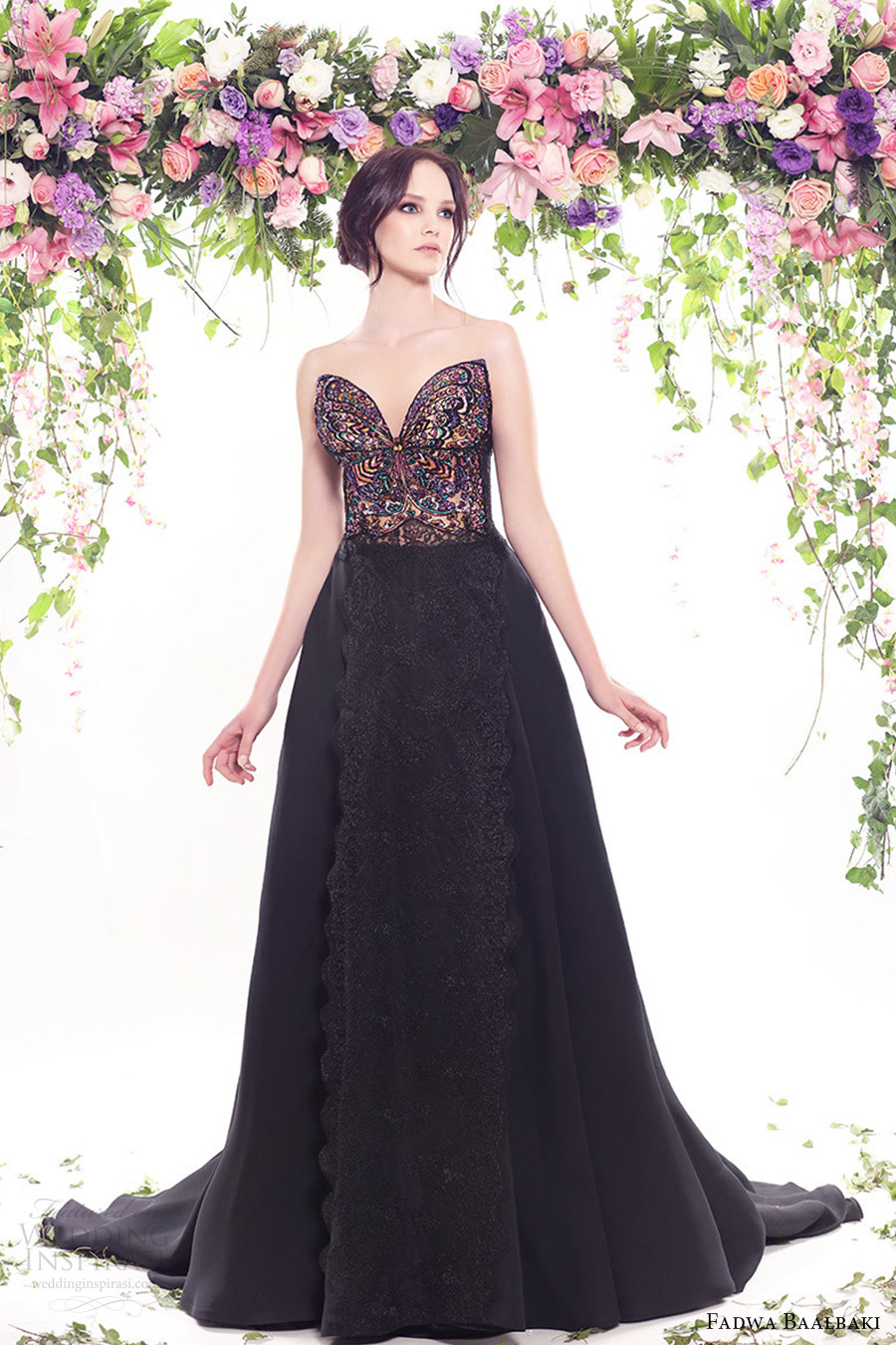 fadwa baalbaki spring 2016 couture strapless sweetheart black ball gown multi color bodice mv
