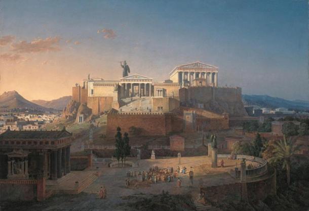 Bức tranh tái dựng thành phòng thủ Acropolis và Areus Pagus ở Athens, bởi họa sĩ Leo von Klenze vào năm 1846.