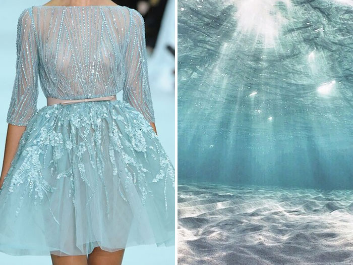 Màu xanh lam hải dương thấp thoáng, ánh nắng chiếu qua mặt sóng lăn tăn, cùng với ngọc trai trong suốt đính trên váy, thể hiện sự duyên dáng, lãng mạn.