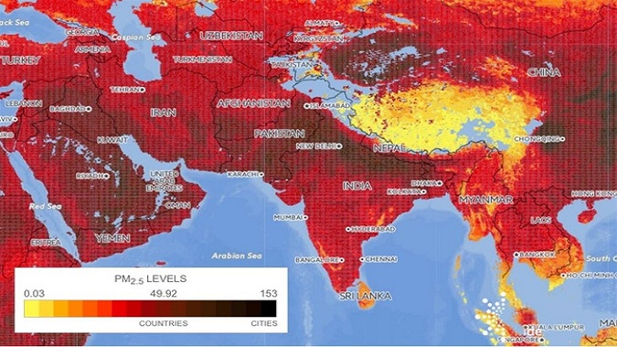 Bản đồ minh họa chất lượng không khí tại châu Á, thể hiện qua chỉ số PM 2.5. (Nguồn: ĐH Yale)