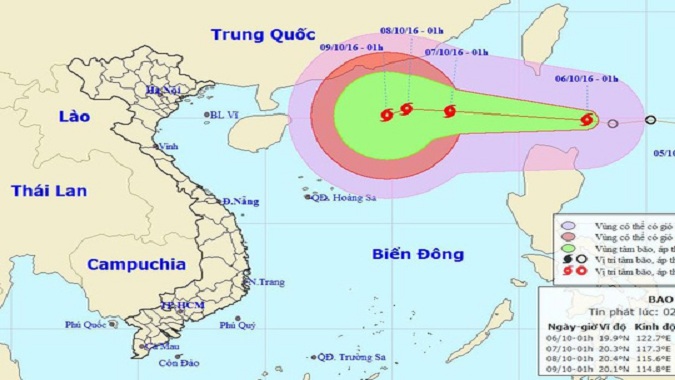 Vị trí và dự báo đường đi của bão Aere