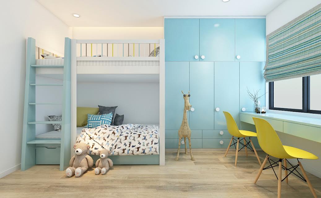 3. Thiết kế phòng ngủ cho bé này khá đơn giản, lấy tông màu chủ đạo là xanh dương. Những chú hươu cao cổ và gấu bông cũng giúp căn phòng trở nên sinh động và vui nhộn hơn rất nhiều. 