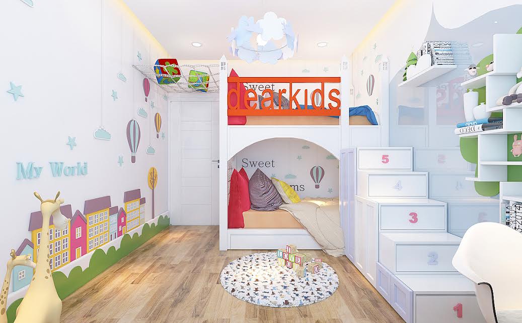 7. Đây là một thiết kế phòng ngủ tràn ngập sự sáng tạo. Các không gian vui chơi và nghỉ ngơi được bố trí một cách hợp lý khiến con bạn có thể thỏa sức sáng tạo những gì chúng thích mà vẫn được tận hưởng sự thoải mái tối đa nhất. 