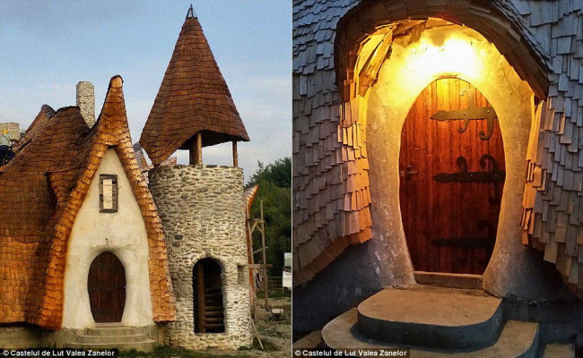 Cặp đôi người Romania đã nhờ kiến trúc sư Ileana Mavrodin thiết kế cấu trúc đặc biệt cho lâu đài này. Cửa (ảnh phải) được xây với bậc bằng đất sét và mái ngói xung quanh.