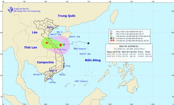 Bão số 4 - Sonca giật cấp 10 hướng vào Thanh Hóa – Quảng Bình, gây mưa lớn ở các tỉnh miền Trung