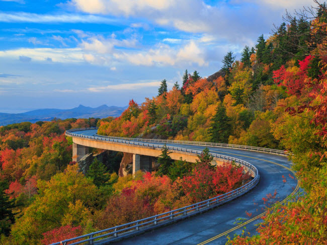Đường Blue Ridge Parkway, bang North Carolina và Virginia, Mỹ: Con đường Blue Ridge Parkway chạy qua hàng chục khu rừng tuyệt đẹp, các thị trấn ven núi Appalachian, thảo nguyên và địa điểm du lịch nổi tiếng như Asheville.