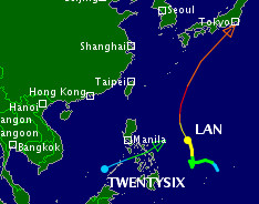 Cơn bão Lan và vùng áp thấp nhiệt đới đang ở ngoài khơi Philippines. 