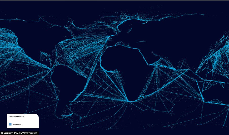 Bản đồ màu xanh nhạt này cho thấy các chuyến tàu trên khắp đại dương. Tàu dày đặc ở khu vực Bắc Thái Bình Dương và Bắc Đại Tây Dương cũng như ở Đại dương Ấn Độ.