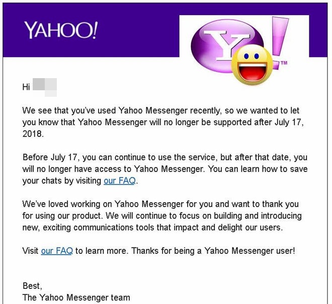 Thư thông báo của Yahoo Mail đến người dùng.