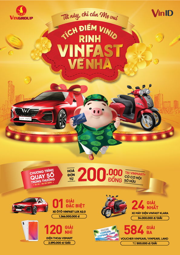 Nhiều giải thưởng giá trị như ô tô VinFast Lux 2.0, xe máy điện Klara, điện thoại Vsmart, voucher nghỉ dưỡng Vinpearl đang chờ khách hàng may mắn.