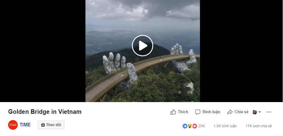 video về cây cầu Vàng cùng những lời khen có cánh trên trang fanpage và đã nhận được khá nhiều tương tác và sự quan tâm của cộng đồng mạng.