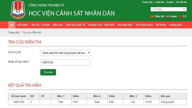 Thông báo kết quả trúng tuyển Học viện Cảnh sát nhân dân năm 2018 đối với nữ sinh Trần Ngọc Diệp, quê Sơn La.