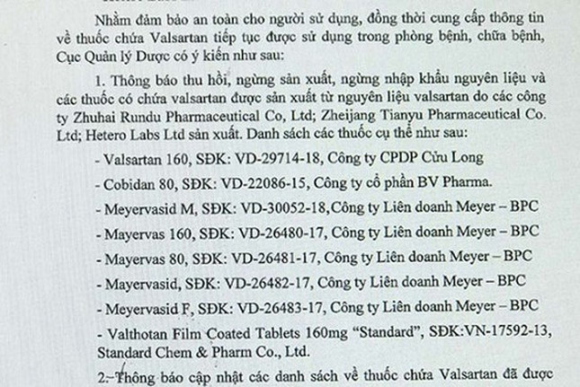Danh sách 8 loại thuốc chứa Valsartan được Cục Quản lý dược thông báo thu hồi