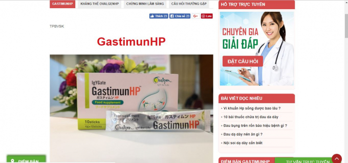 Sản phẩm Gastimun HP quảng cáop/trên website https://gastimunhp.vn không phù hợp với một trong các tài liệu theo quy định.