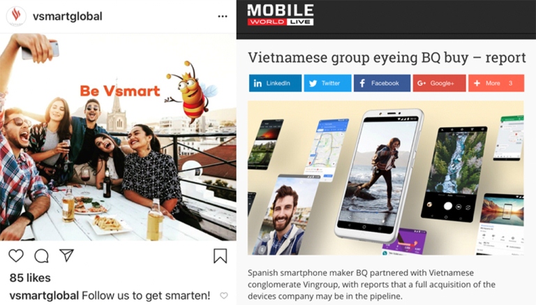 Tài khoản Instagram VsmartGlobal & thông tin Vingroup mua BQ trên báo quốc tế