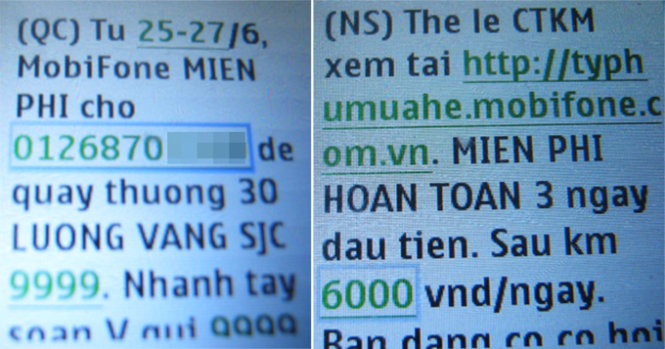 Tin nhắn chương trình khuyến mãi được tách làm hai tin và gởi cách nhau hơn 3 giờ - Ảnh: N.T.Dung