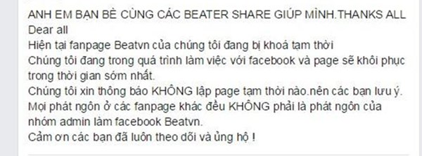 Admin thông báo fanpage Beat.vn bị Facebook tạm khóa.