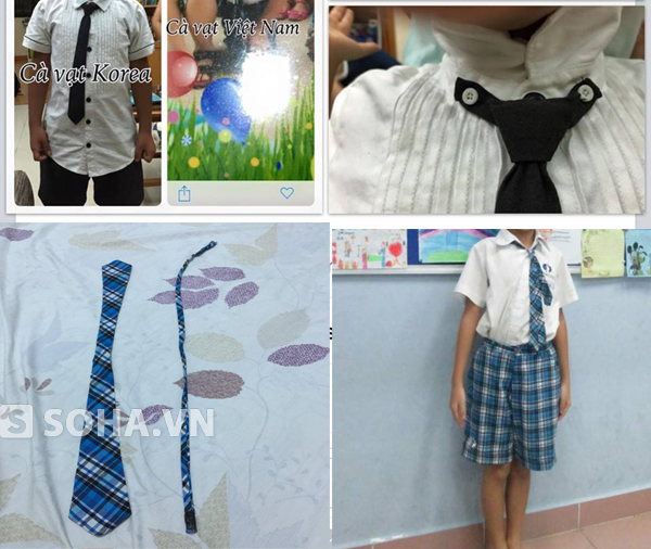 Sự khác nhau giữa cà vạt Hàn Quốc (trên) và cà vạt của trường Vstar (dưới).