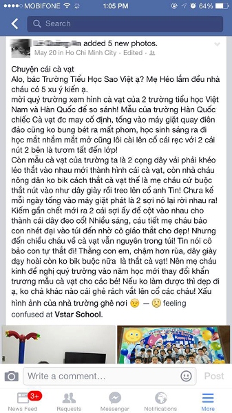Những lời chê bai về cà vạt của trường trên facebook của phụ huynh.