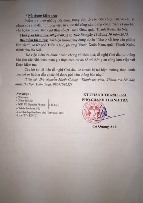 Thông báo số 01/TB-TTr (KNTC) kiểm tra dự án “Nhà ở kết hợp văn phòng làm việc” (Diamond Blue), tại số 69 Triều Khúc, phường Thanh Xuân Nam, quận Thanh Xuân của Thanh tra Sở Xây dựng Hà Nội.