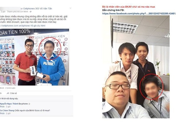 Hình ảnh người mua Bphone tại cửa hàng CellphoneS và người được cho là nhân viên Bkav đăng tải trên một diễn đàn công nghệ tại Việt Nam. (Ảnh: Zing)
