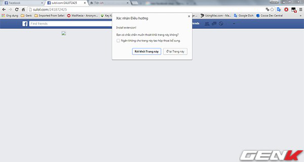 Dù có giả mạo giao diện của Facebook, nhưng thực chất đây là trang yêu cầu cài đặt tiện ích mở rộng.