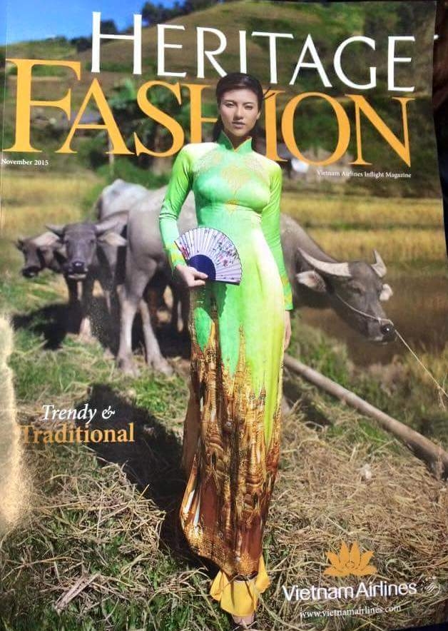 Trang bìa tạp chí Heritage Fashion in hình người mẫu mặc áo dài có hình ảnh chùa tháp gây tranh cãi.