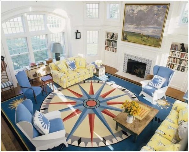 Thảm trải sàn có thiết kế độc đáo, tạo nên sự sáng tạo cho không gian của phòng khách.