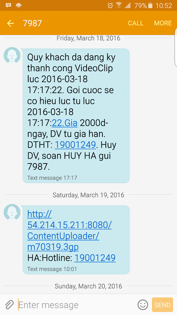 Tin nhắn từ đầu số 7987 gửi tới máy anh H. thông báo đăng ký thành công dịch vụ VideoClip dù anh H. không hề đăng ký. Ảnh: Kiến Thức