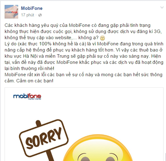 Fanpage MobiFone đưa ra lời xin lỗi khách hàng. (Ảnh chụp màn hình).