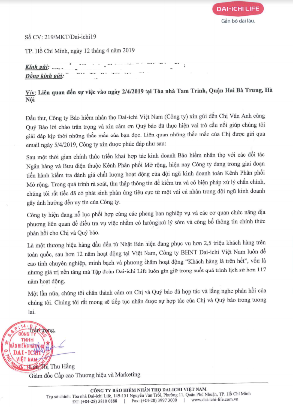 Công văn phản hồi chính thức của Công ty Bảo hiểm nhân thọ Dai-ichi Việt Nam