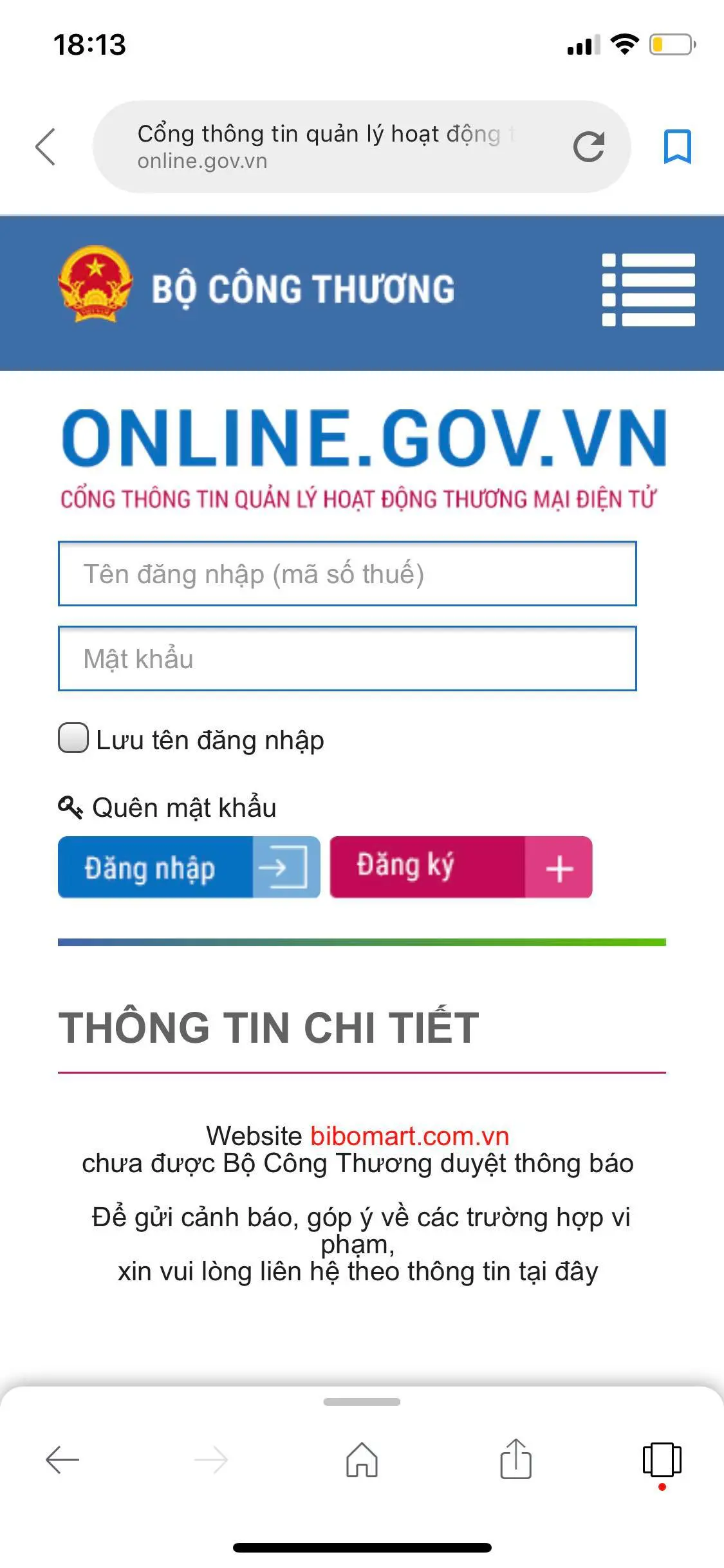 Cổng thông tin thương mại điện tử Bộ Công Thương cho biết website bibomart.com.vn chưa được Bộ Công Thương duyệt 
