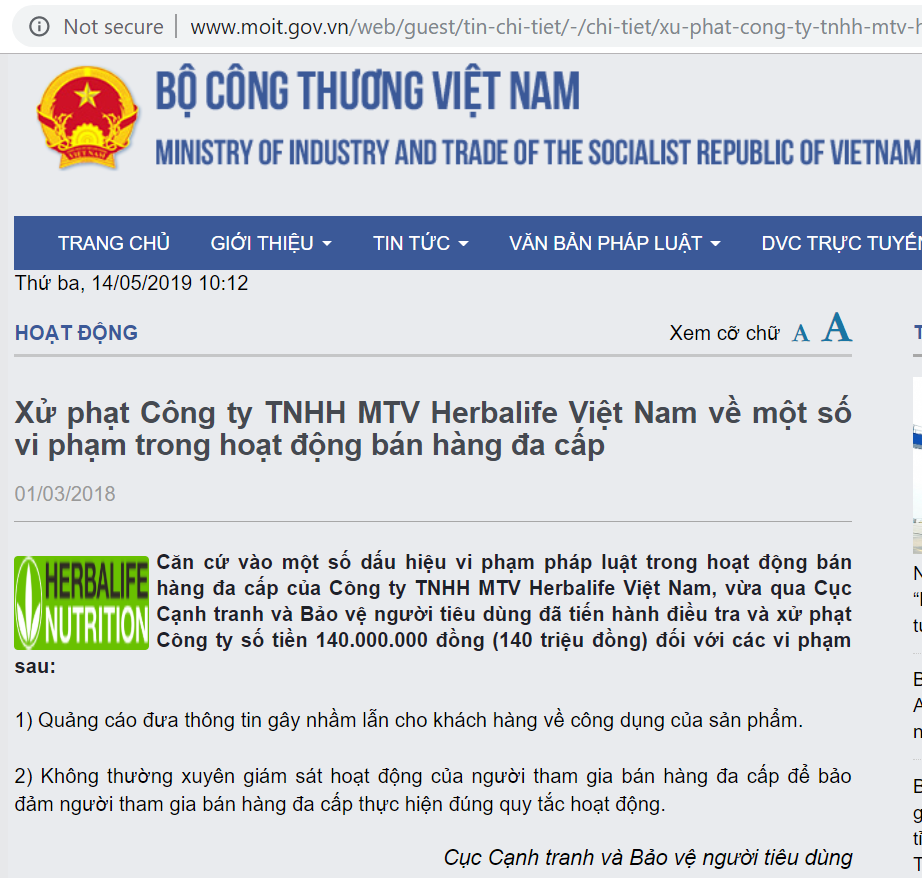 Bộ Công Thương xử phạt công ty TNHH MTV Herbalife Việt Nam 140.000.000đ