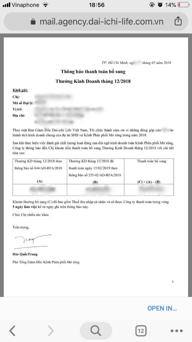 Email thông báo thanh toán bổ sung khoản thưởng Thnasg 12/2018 Dai-ichi gửi cho các nhân viên