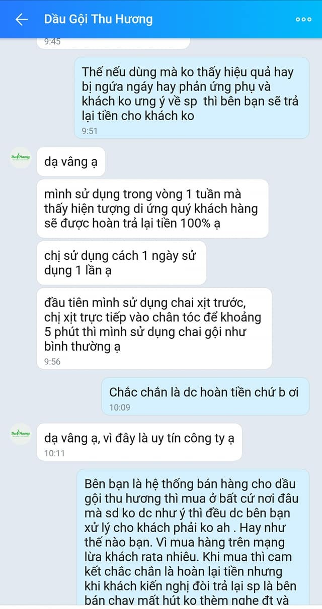 Tin nhắn trao đổi giữa chị Bình và nhân viên của Dầu gội Thu Hương