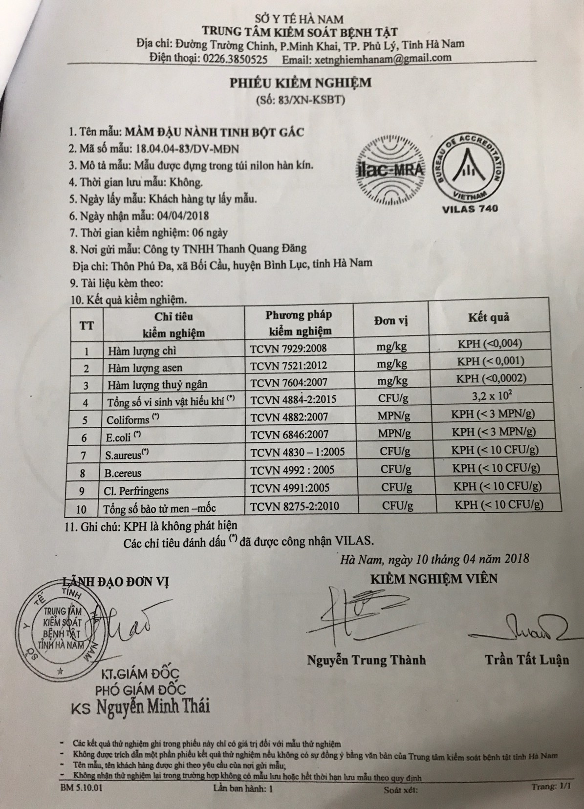 Công ty TNHH Thanh Quang Đăng chỉ gửi duy nhất phiếu kiểm nghiệm Mần đầu nành tinh bột gấc cho Chi cục An toàn vệ sinh Thực phẩm tỉnh Hà Nam