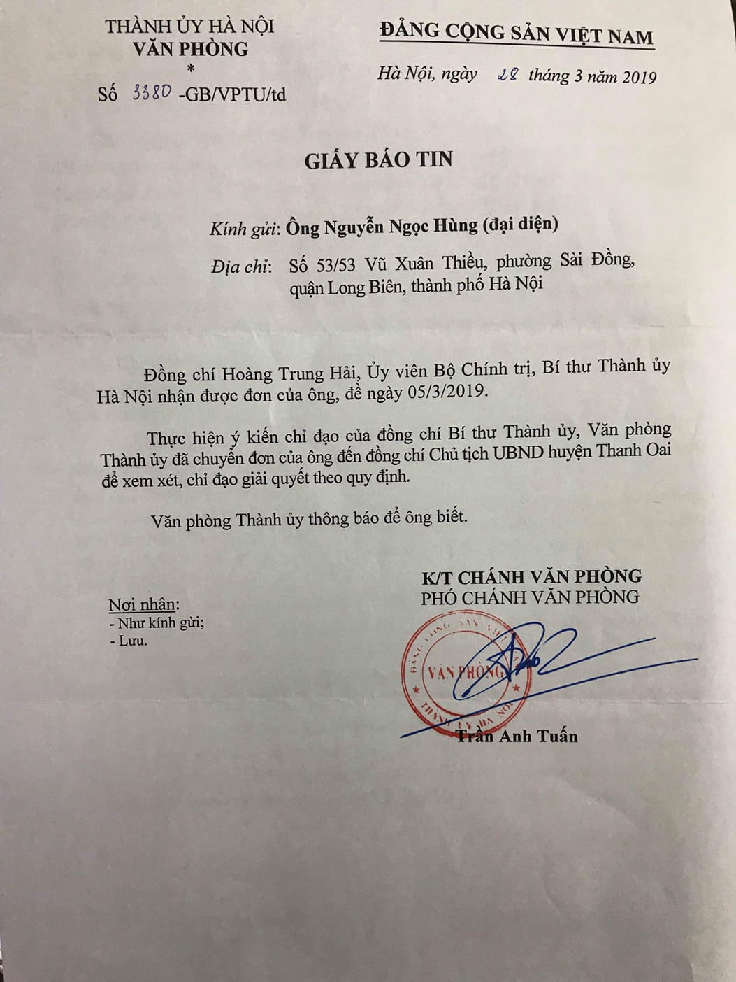 Giấy báo tin của Thành ủy Hà Nội theo chỉ đạo của đồng chí Hoàng Trung Hải, Ủy viên Bộ chính trị, Bí thư Thành ủy Hà Nội ngày 28/03/2019 về việc trả lời, giải quyết Đơn kiến nghị.